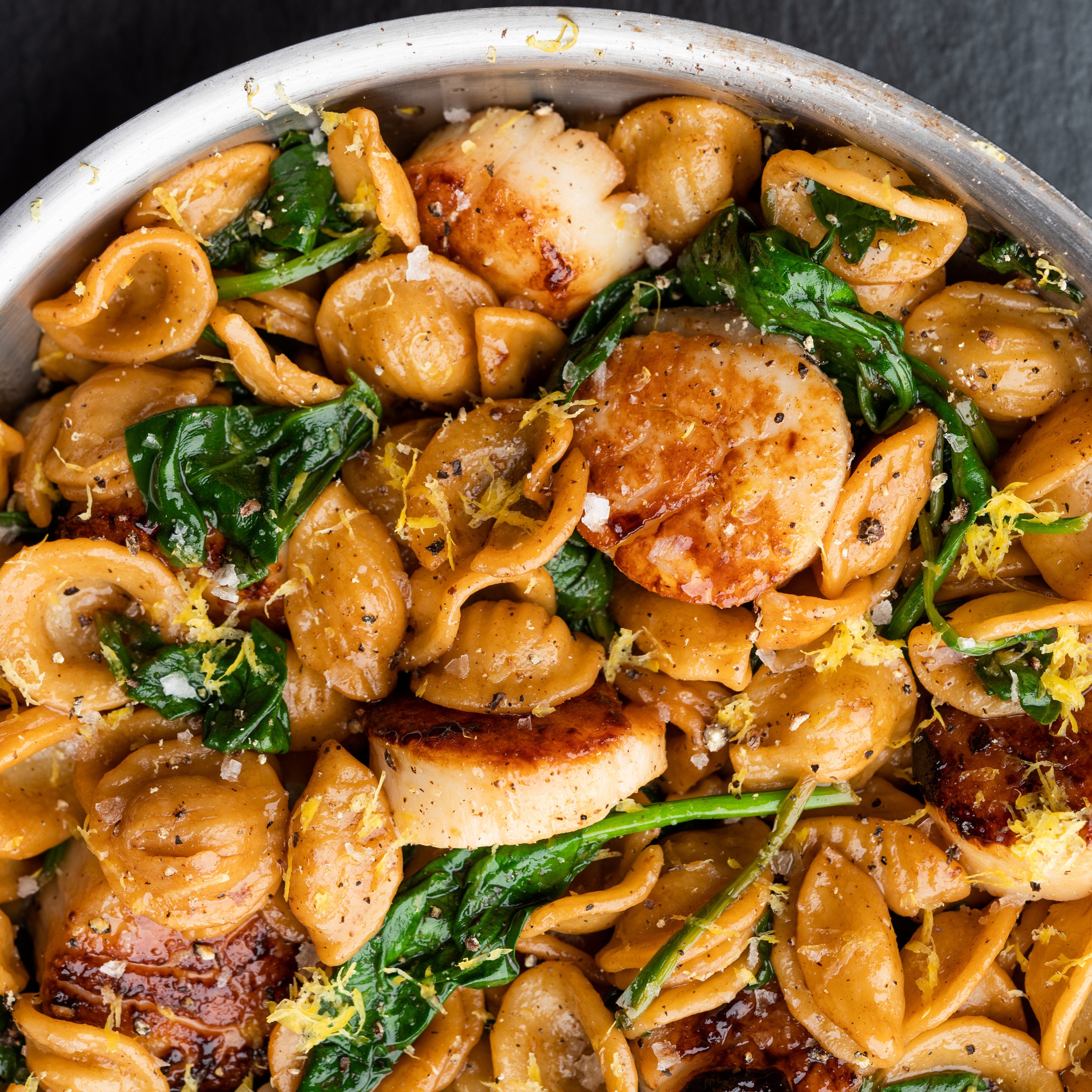 Scallops, Spinach and Orecchiette drizzled with Eureka Lemon Crush